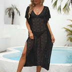 Women Overcoat Women Hollow Out Cutout Woven Shirt Deep V Plunge Beach Beach Cover Up Holiday Dress Oyimi