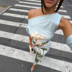 Summer Women Clothing Sexy Oblique Shoulder Collar Tight Waist Thin Looking Cool Printed Sheath Dress Dores
