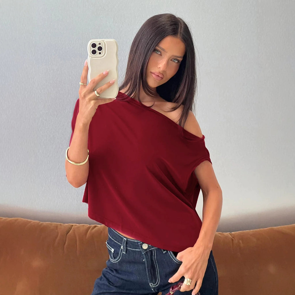Women Clothing Summer off Shoulder Diagonal Collar Irregular Asymmetric Short Sleeve T shirt Top Qube