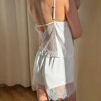 Women Pajamas Satin Stitching Lace Suspender Shorts Two Piece Set Summer Loungewear Meiyas