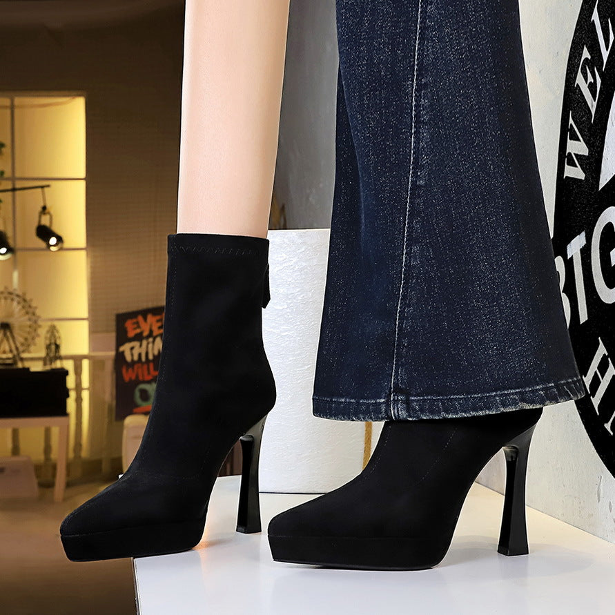 Chunky Heel High Heel Waterproof Platform Boots Women Pointed Toe Suede Stretch Single Boots Skinny Boots Nice Looking Short Boots ForestFootwear