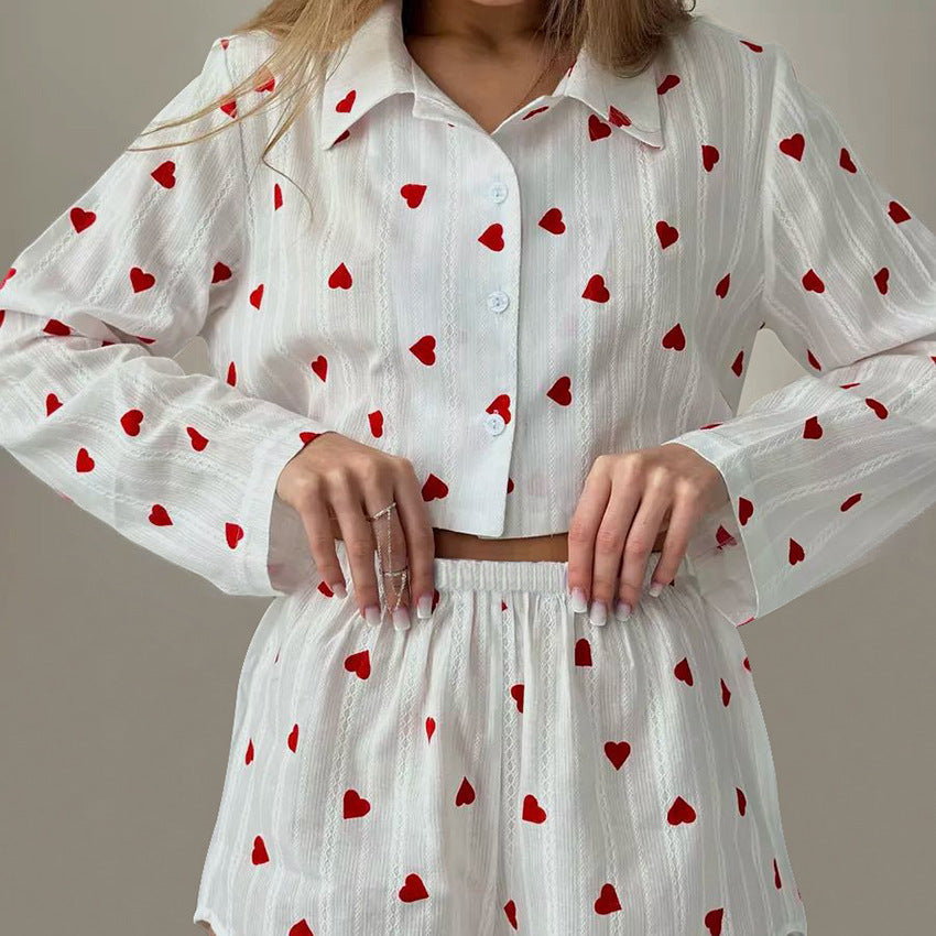 Pijama de dos piezas de algodón jacquard puro de primavera para mujer, con estampado de corazones, manga larga y pantalones cortos, ropa de casa