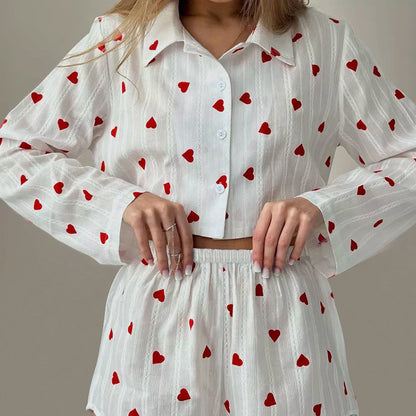 Pijama de dos piezas de algodón jacquard puro de primavera para mujer, con estampado de corazones, manga larga y pantalones cortos, ropa de casa