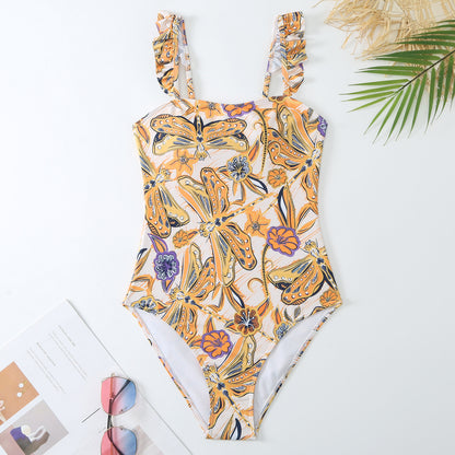 Traje de baño de una pieza con borde volador para mujer, estilo retro, para adelgazar el vientre, vestido de playa de gasa.