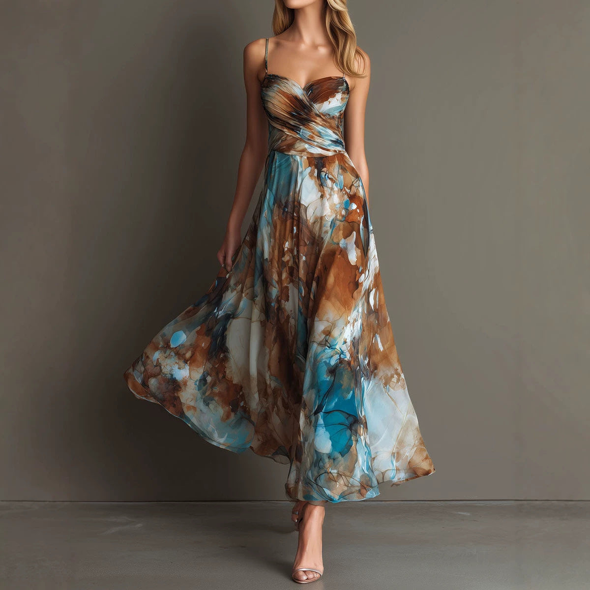 Elegant Printed Dress Sexy Strap Waist Tight Elegant Beach Dress Venly