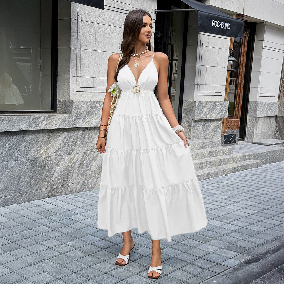 Women Clothing Summer Elegant Easy Matching Sling Long Dress Dee