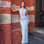 Vestido halter con espalda descubierta y aberturas con encaje sexy para mujer, primavera y verano