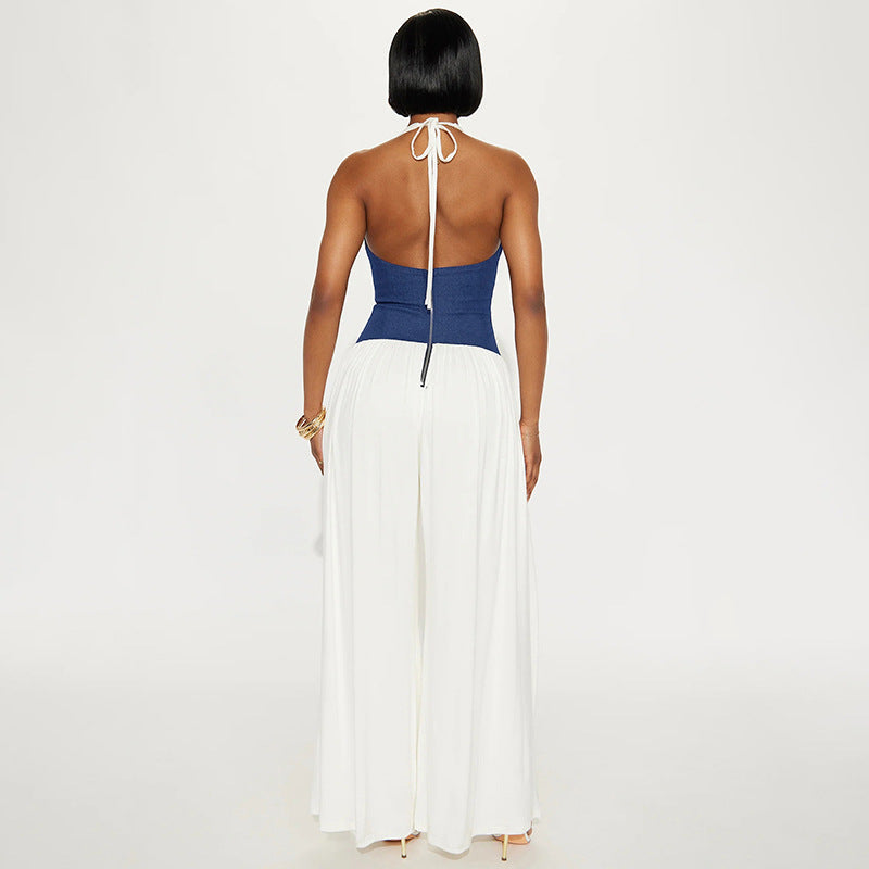 Women Clothing Spring Summer Halter Strap Contrast Color Zipper Tube Top Wide Leg Loose Jumpsuit