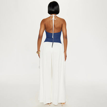 Women Clothing Spring Summer Halter Strap Contrast Color Zipper Tube Top Wide Leg Loose Jumpsuit