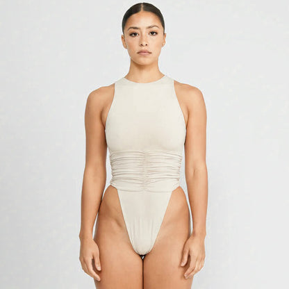 Women Clothing Summer Solid Color round Neck Sleeveless Back Zipper Hollow Out Cutout umpsuit for Women