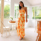 Fresh Sweet Summer Floral Print Backless Mid Length Dress XUYUN