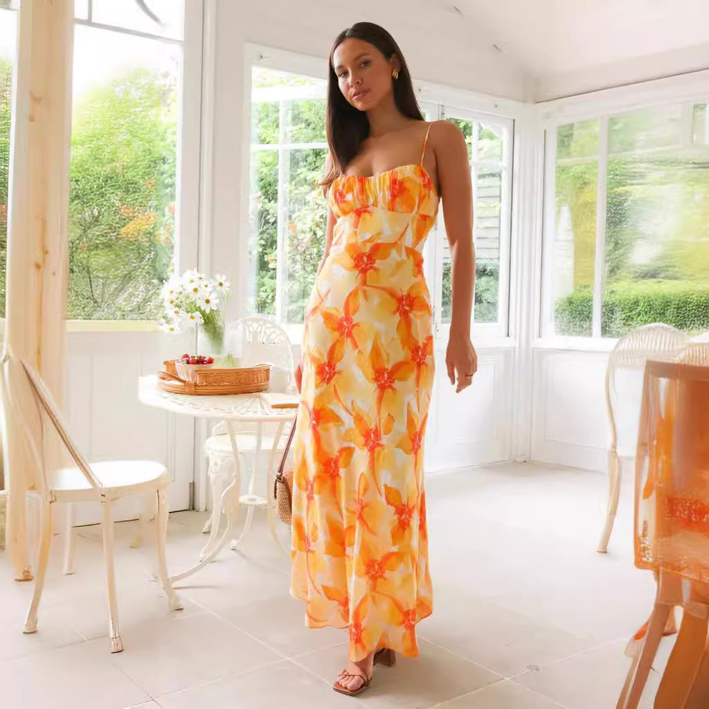 Fresh Sweet Summer Floral Print Backless Mid Length Dress XUYUN