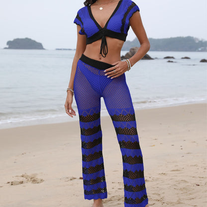 Women Beach Clothing Stitching Sexy Deep V Plunge Tied Top Bootcut Pants Two Piece Set