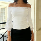 Sexy Lace Patchwork Flared Sleeves off Shoulder Top Women Elegant Solid Color T shirt LingSharp