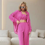 Pijama con estampado de leopardo en color azul otoñal para mujer, top de tubo, cárdigan de manga larga, pantalones, ropa de casa