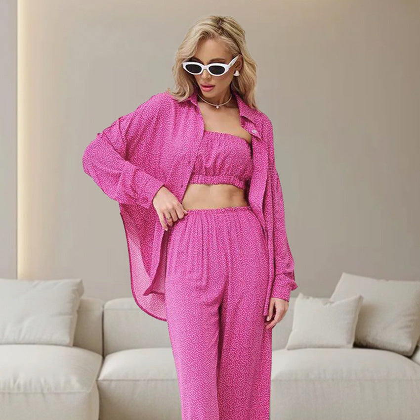 Pijama con estampado de leopardo en color azul otoñal para mujer, top de tubo, cárdigan de manga larga, pantalones, ropa de casa