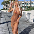 Women Sling Backless Knitted Dress Beach Seaside V neck Sexy Tight Split Spring Summer Dress Forkaz