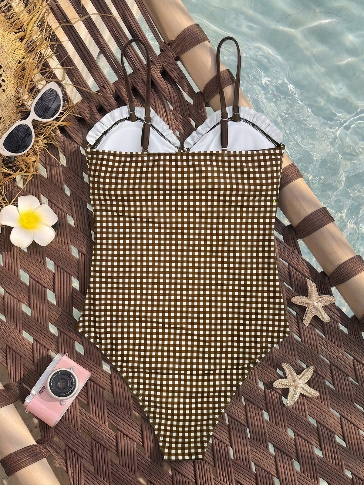 Bikini Tube Top Detachable Shoulder Strap Two Piece One Piece Plaid Printed Design Swimsuit for Women WithWind