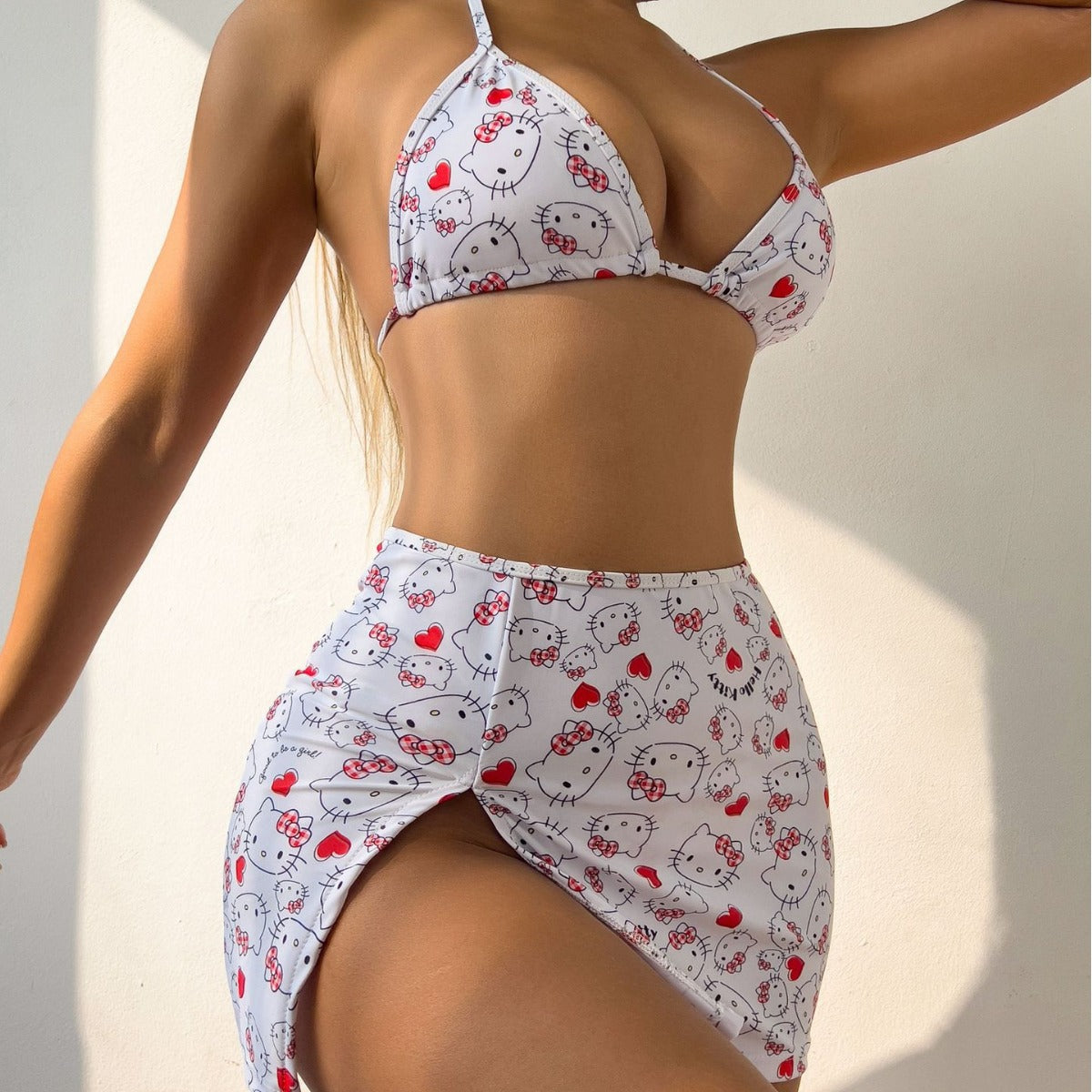 Conjunto de bikini de tres piezas con estampado de gatito para mujer, traje de baño dividido