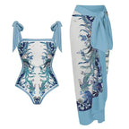 Traje de baño de dos piezas estampado, corte entallado, adelgazante y conservador.