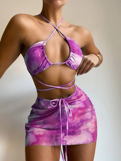 Women Seperated Swimwear Lishi Printed Three Piece Set Bikini