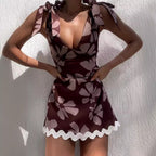 Spring Summer Lace Printing Sweet V neck Mini Dress Women Havill