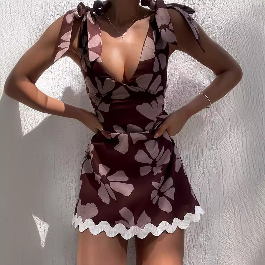 Spring Summer Lace Printing Sweet V neck Mini Dress Women Havill