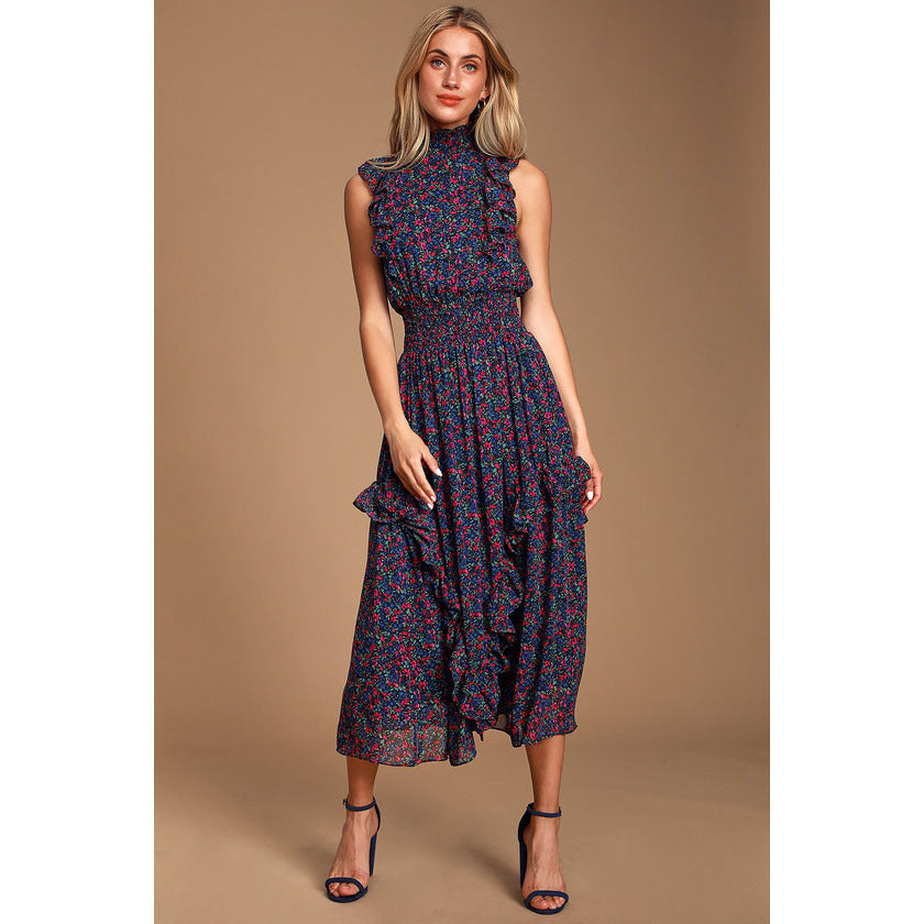 Women Elegance Sleeveless Printed Pleated Dress Maxi Dress DreamFashion
