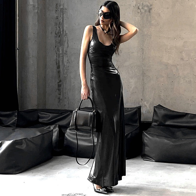 Women Clothing Winter U Collar Solid Color Split Vest Dress SaturdayNight