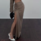 Women Clothing Autumn French High Waist Slit Pleated Floral Decorative Skirt Burgatti