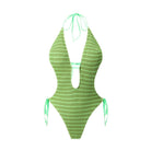 Bikini Sexy Deep V Plunge Lace up Halterneck Backless Siamese Women Swimsuit Peaches