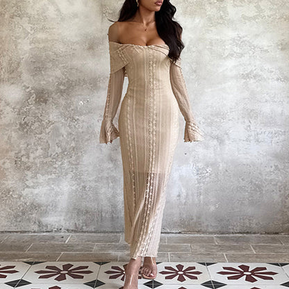 Maxi Dress Waist Hip Jacquard off Shoulder Sexy Sexy Dress