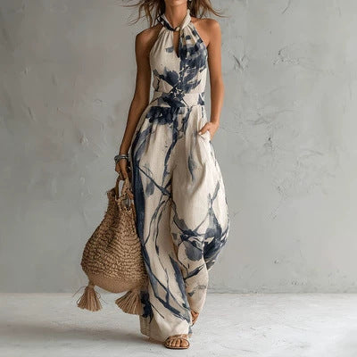Ink Printing Wide Leg Pocket Jumpsuit Casual Sleeveless Halter Tied Jumpsuit Venly