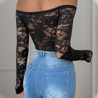 Mono negro de manga larga con costuras de encaje para mujer de otoño