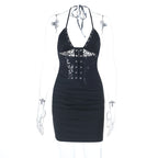 Vestido sexy de encaje con tirantes, escote en V, espalda descubierta y encaje