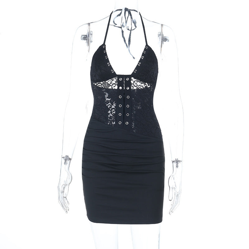 Vestido sexy de encaje con tirantes, escote en V, espalda descubierta y encaje