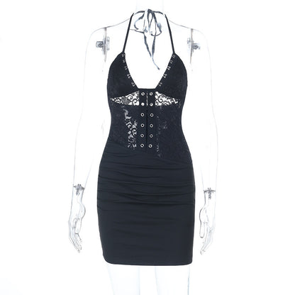 Sexy Lace Sling Dress Summer V neck Backless Lace up Sheath Dress