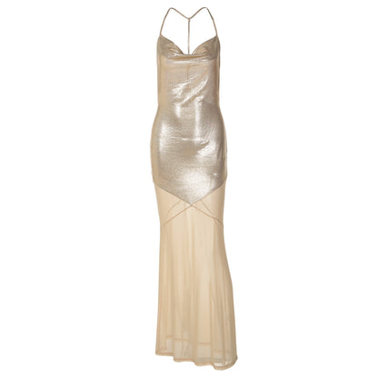 Women Summer Mesh Stitching Bronzing Dress Sexy Sling Backless Dress Women LEKINS