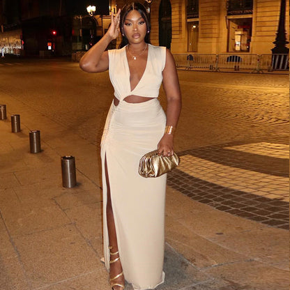 Women Clothing Solid Color Dress Oblique V neck off Shoulder Sleeveless Irregular Asymmetric Slit