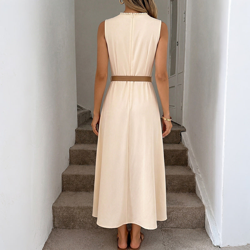 Simple Elegant Beaded round Neck Cinched Sleeveless Dress HUNDRED