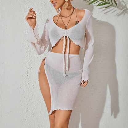 Beach Women Solid Color Knitted Beach Bikini Swimsuit Blouse Sun Proof Two Piece Sets