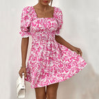 Summer A Line Puff Sleeve Women Short Sleeve Lace up Smocking Dress Jeme