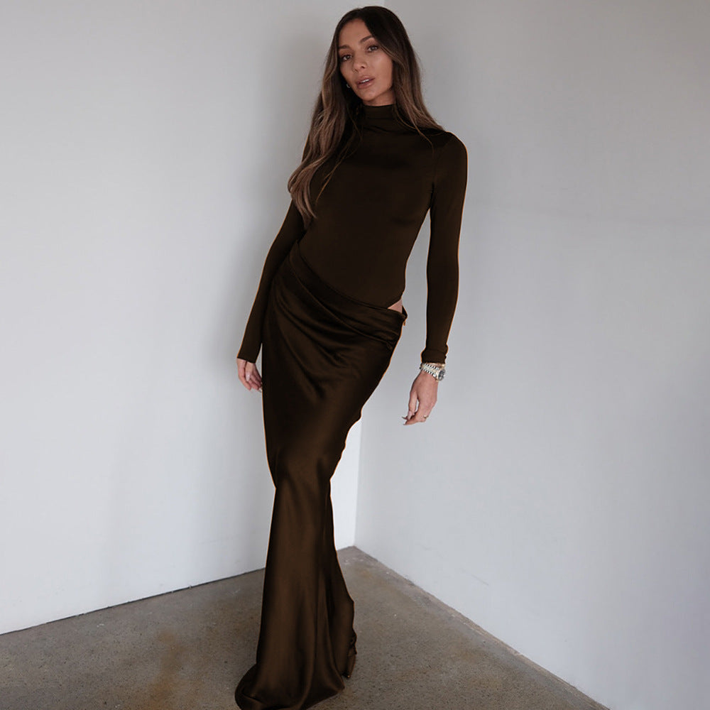 Summer Half High Collar Long Sleeves Dress Sexy Slim Fit Faux Two Piece Solid Color Dress JULISSA