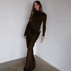 Summer Half High Collar Long Sleeves Dress Sexy Slim Fit Faux Two Piece Solid Color Dress JULISSA