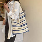 Bolso de hombro a rayas de hilo de algodón tejido, de gran capacidad, con aberturas, de paja, para playa y vacaciones. 