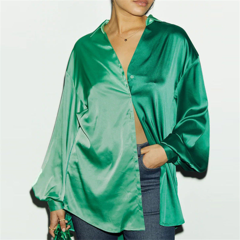 Spring Summer Satin Two Piece Set Colorblock Women Clothing Oversized Shirt Casual Straight Pants Set BESSY