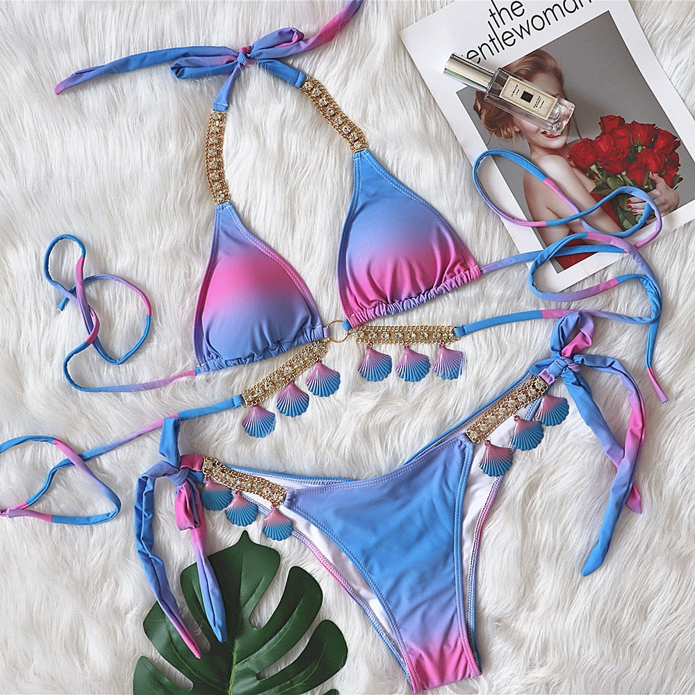 Traje de baño de lujo con cristales y diamantes para mujer, bañador sexy con estampado de degradado y vendaje dividido
