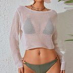 Women Clothing Solid Color Knitted Beach Knitted Sexy Long Sleeved Blouse Sun Protective Clothing Mangar