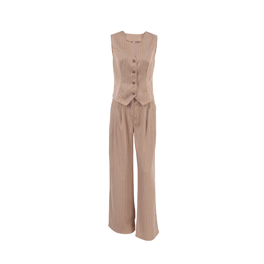 Sexy Elegant Wide Shoulder Strap V neck Sleeveless Vest Mid Waist Slim Fit Wide Leg Pants Two Piece Set Autumn Casual Set FOREVEREIGHTEEN