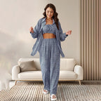 Pijama con estampado de leopardo en color azul otoñal para mujer, top de tubo, cárdigan de manga larga, pantalones, ropa de casa